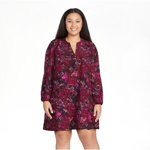 Time and Tru Large Pink and black floral print dress, V-neck, long sleeves